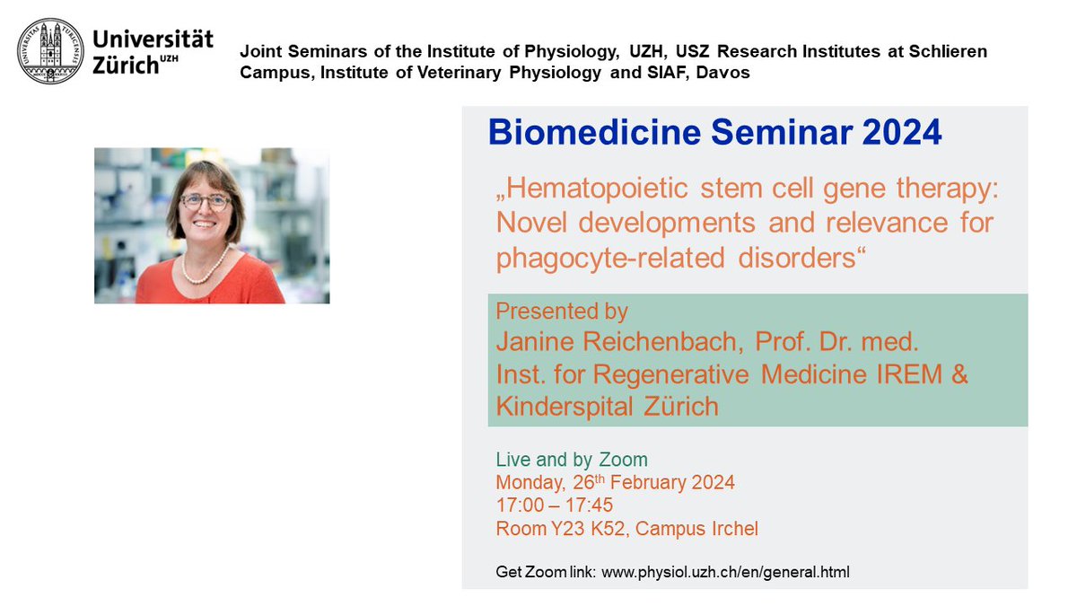 On 26 February, we welcome Prof. Dr. med. Janine Reichenbach <a href="/uzh_irem/">Institute for Regenerative Medicine</a> and <a href="/KispiZuerich/">Kinderspital Zürich</a> in the Biomedicine Seminar Series at @uzh_en.

This joint seminar is hosted by <a href="/MIKADOlab/">MIKADO Group</a> and open to all!

Zoom link: uzh.zoom.us/j/65110053450?…