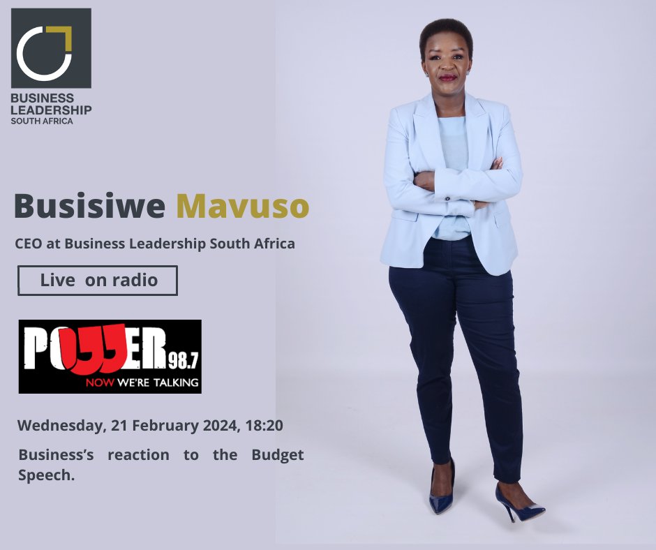 Catch me at 18:20 this evening on <a href="/Powerfm987/">POWER 98.7</a> 's POWER Business with <a href="/Nolu_MM/">Noluthando Mthonti - Mlambo</a> , as I gives Business’s reaction to the #Budget2024 Speech.