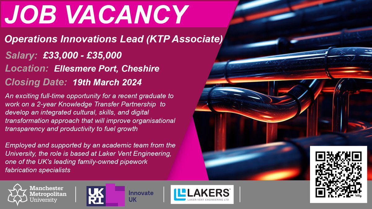 KTP at Manchester Met (@ktp_manmetuni) on Twitter photo We're hiring! An excellent #KTP opportunity to work with <a href="/ManMetUni/">Manchester Metropolitan Uni</a> and <a href="/lakervent/">Laker Vent Engineering Limited</a> as an Operations Innovations Lead. Ideal for those with a degree or equivalent experience in #opsmanagement or related field.
To find out more and to apply, scan the QR code.
<a href="/innovateuk/">Innovate UK</a> <a href="/IUK_KTP/">Knowledge Transfer Partnerships at Innovate UK</a> We're hiring! An excellent #KTP opportunity to work with <a href="/ManMetUni/">Manchester Metropolitan Uni</a> and <a href="/lakervent/">Laker Vent Engineering Limited</a> as an Operations Innovations Lead. Ideal for those with a degree or equivalent experience in #opsmanagement or related field.
To find out more and to apply, scan the QR code.
<a href="/innovateuk/">Innovate UK</a> <a href="/IUK_KTP/">Knowledge Transfer Partnerships at Innovate UK</a>
