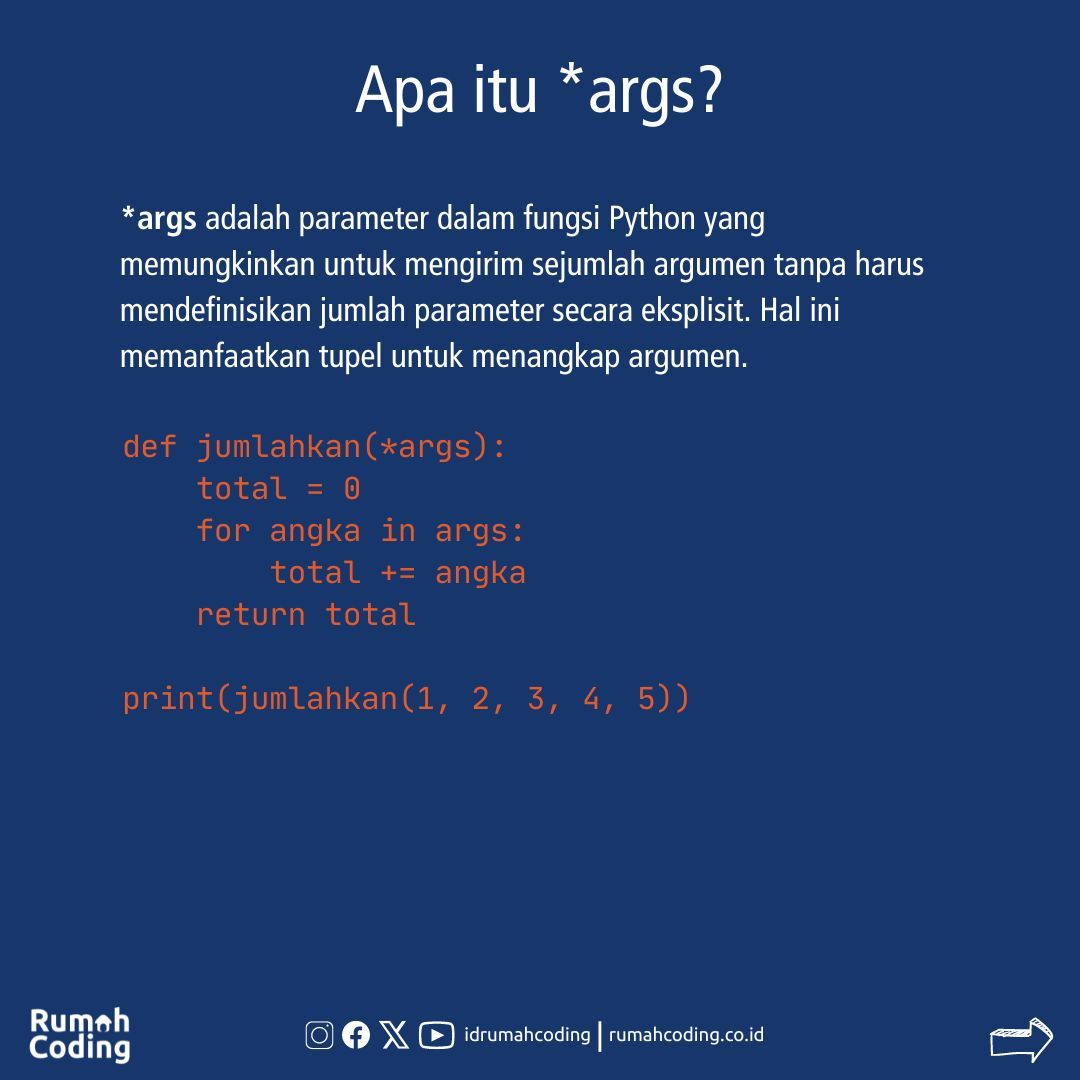 idrumahcoding's tweet image. Pernah liat *args dan **kwargs pada sebuah fungsi di Python. Tau gak fungsinya apa? Yuk kita simak penjelasan berikut:

#python #codingtips #PythonFlexibility #CodingMagic #ArgsAndKwargs