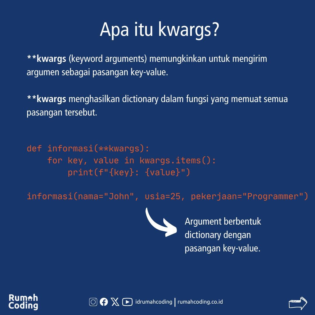 idrumahcoding's tweet image. Pernah liat *args dan **kwargs pada sebuah fungsi di Python. Tau gak fungsinya apa? Yuk kita simak penjelasan berikut:

#python #codingtips #PythonFlexibility #CodingMagic #ArgsAndKwargs