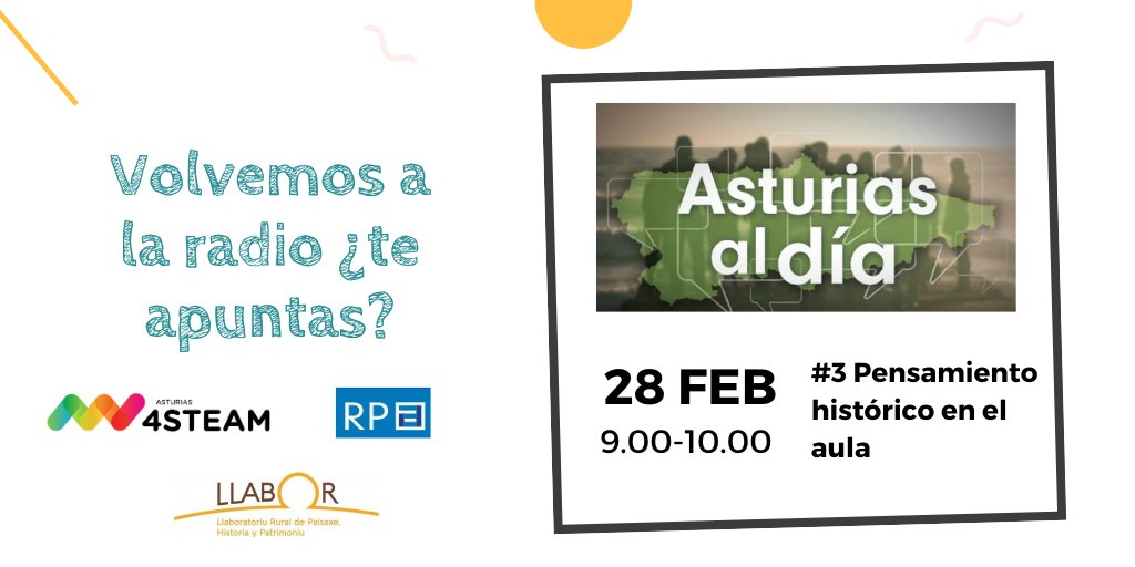 asturias4steam's tweet photo. 📻¿Cómo trabajar y desarrollar el pensamiento histórico en el aula?  El 28F volvemos a la radio con este temazo y una alineación de lujo: Margarita Mier (@Arqueoagraria), Nuria Peláez (CP Balmonte), Mauro Díaz (IES Virgen de Covadonga) y María Fdez-Hita (Universidad de Murcia) https://t.co/pKOzdSN7eu