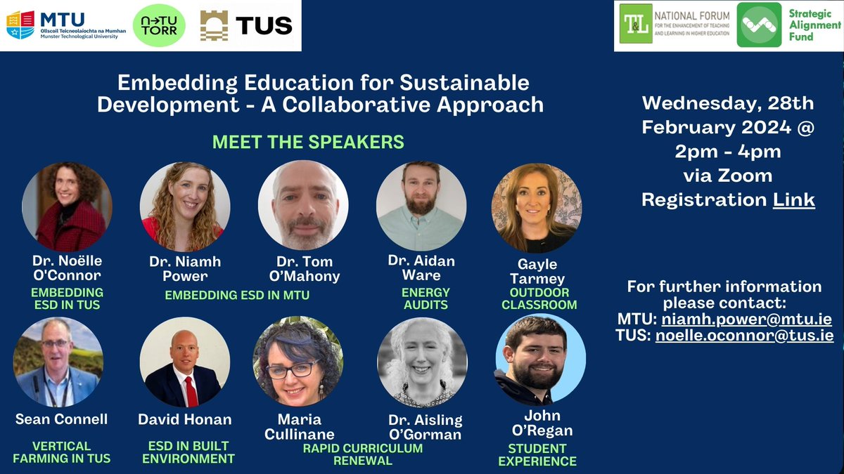 As part of @ntutorr week @MTU_ie & @TUS_ie are co-hosting a webinar on Embedding the SDGs within Curriculum. A fantastic collaborative approach with a wonderful set of speakers. See full details below 👇. To register for the event click the link forms.office.com/e/gAtm4E5giX