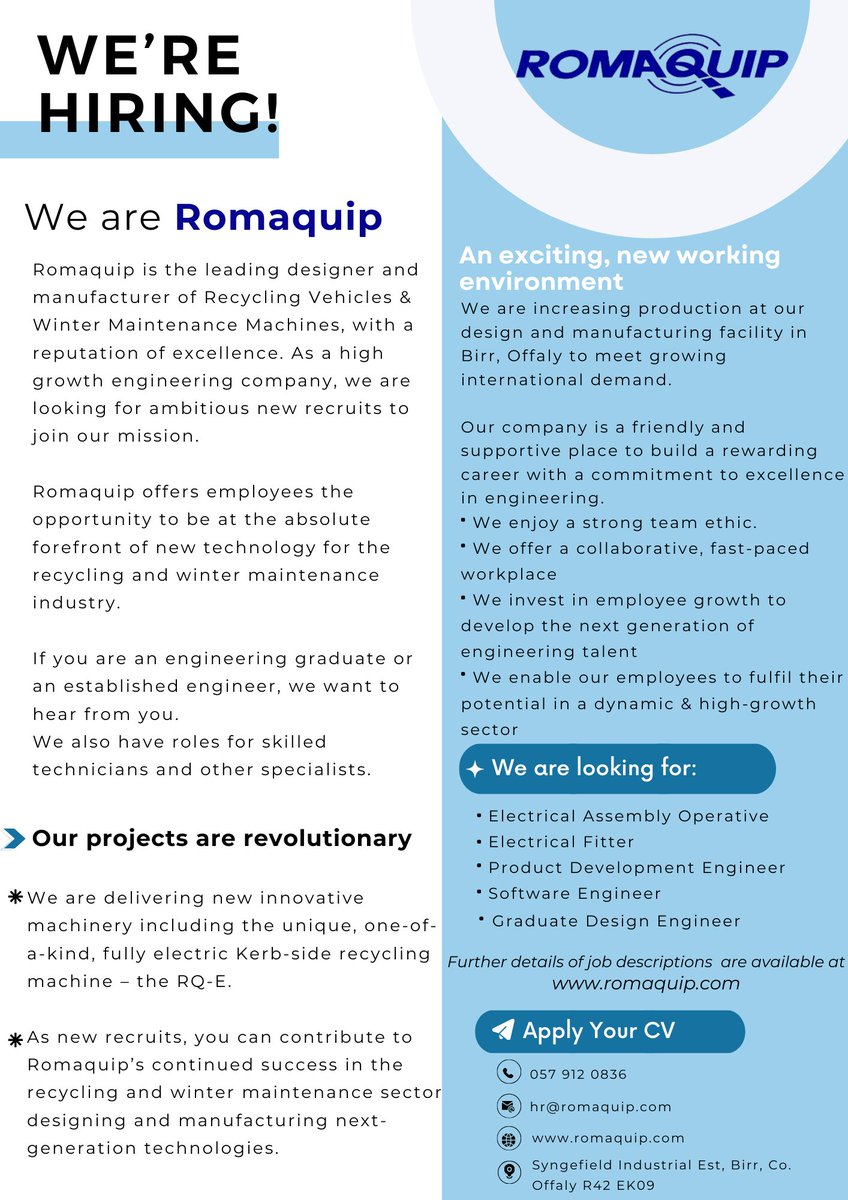 Romaquip's tweet photo. WE ARE HIRING!📢
Due to continued growth, Romaquip are excited to be inviting applicants for the following positions:
-Electrical Assembly Operative
-Electrical Fitter
-Product Development Engineer
-Software Engineer
-Graduate Design Engineer
please visit: https://t.co/OhGdbTxXXD https://t.co/GFJE6Zu2lK