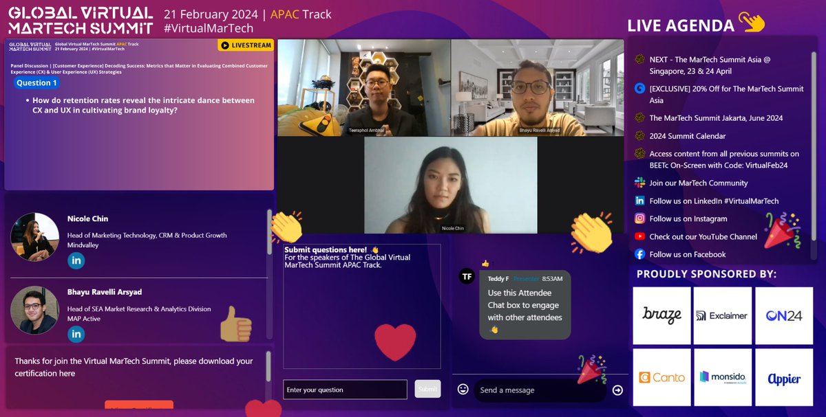 Martech_Summit's tweet photo. #APACTrack - On stage now is Nicole Chin, #Mindvalley, Bhayu Ravelli Arsyad, #MAPActive & Teeraphol Ambhai, #BumrungradInternationalHospital discussing #CustomerExperience π
π Follow #APACTrack Agenda: https://t.co/GHhzRNBSrI https://t.co/WmCgVPMz2S