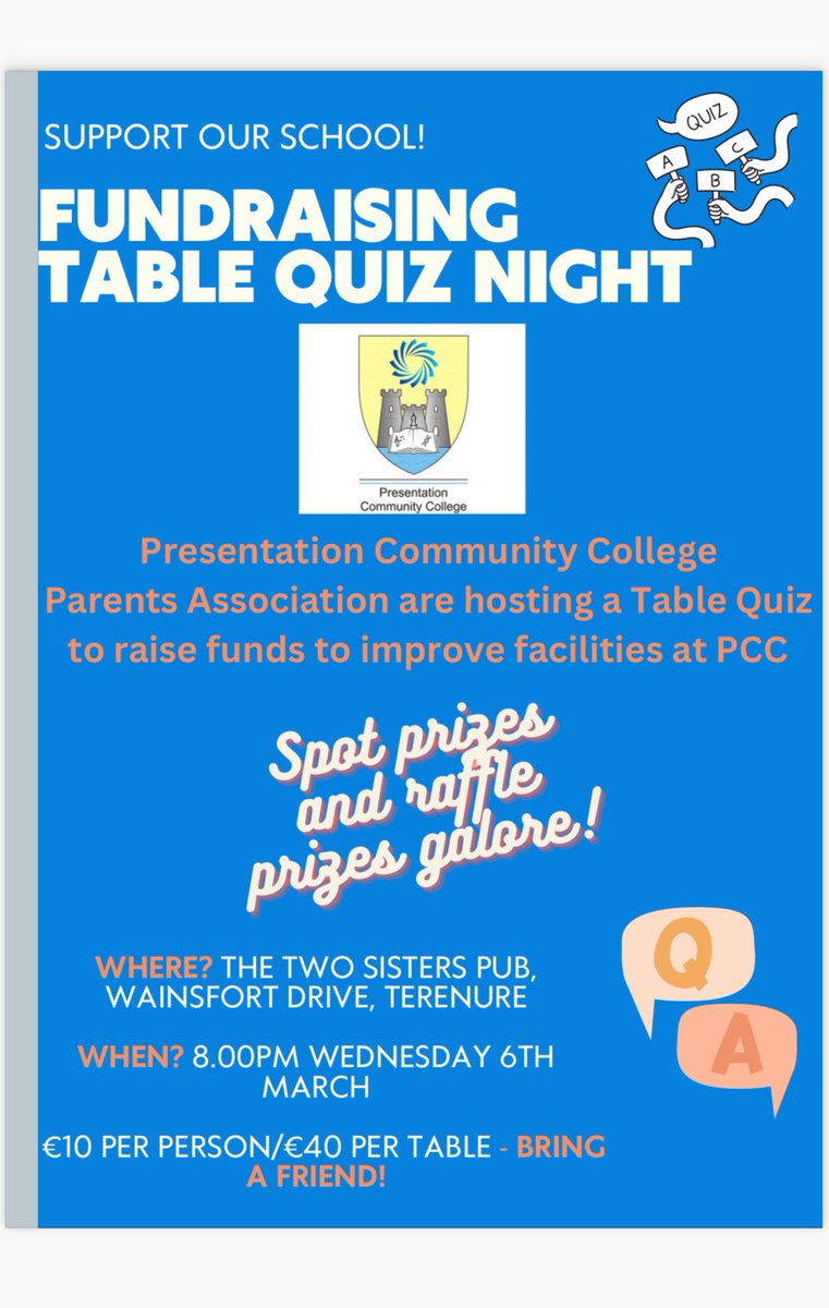 Please see attached flyer for information about the Parents’ Association Table Quiz 📚. You can book your place at the following link or you can leave a donation if you don’t wish to attend: presentation-college-pa.sumupstore.com @CityofDublinETB @PCCTerenurePA