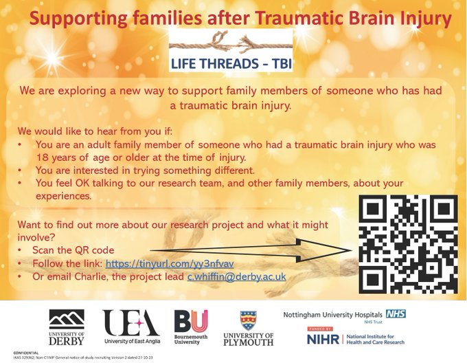 We would like to invite family members of people with traumatic #braininjury to take part in a study. If you would like to try something new and are living in the East or West Midlands please scan the QR code to find out more @CJWhiffin @dralysonnorman @cellishill @dr_f_gracey