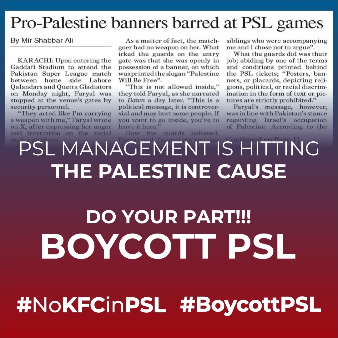 JamiatKhi's tweet photo. PSL Management is hitting the Palestine Cause!!
Do your part...
Boycott PSL

#NoKFCinPSL  #BoycottPSL  #BoycottPSL9 https://t.co/puUvZMT8ha