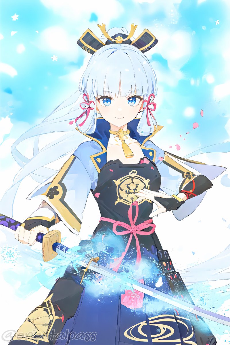 kamisato ayaka 1girl weapon sword solo blue eyes holding weapon holding sword  illustration images