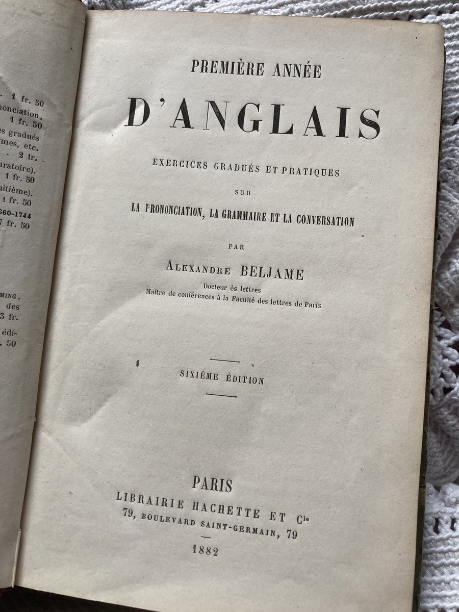 An 1882 guide to English found on the shelves of the French gîte where I’m staying. Helpful phrases include: “The duke’s park is large” “I hate these rogues” “Wealth shall not save men from death”