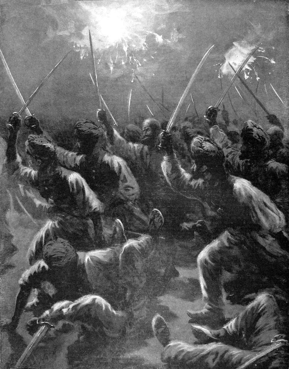 Pashtun tribesmen of the Hadda's Mullah attacking the entrenched British military camp at Nawagai (in Bajaur) during the night, 1897. Drawing by WH Overend.