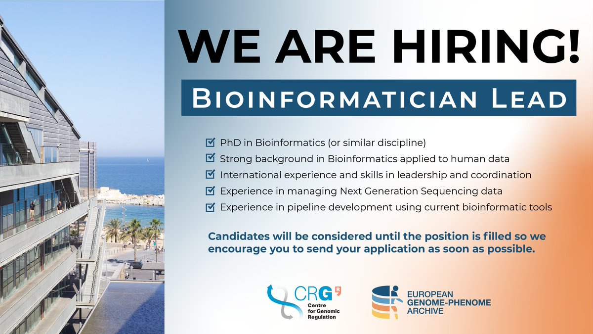📢Calling for a passionate postdoctoral-stage bioinformatician to lead a dynamic young team Join us to collaborate in international impactful projects addressing unmet healthcare needs and core EGA initiatives, all that at the seafront of Barcelona 🌊 👉ow.ly/iN6450QCMPX