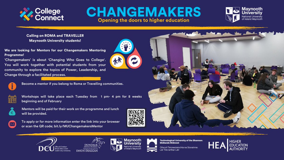 📢⚠️Paid Opportunity Become a Changemaker by peer-mentoring Travellers & Roma who want to go to college! College Connect & @MU_MAP are recruiting student mentors at @Maynoothuni for the upcoming Changemakers Mentoring Programme Apply🔗bit.ly/muchangemakers… #Changemakers