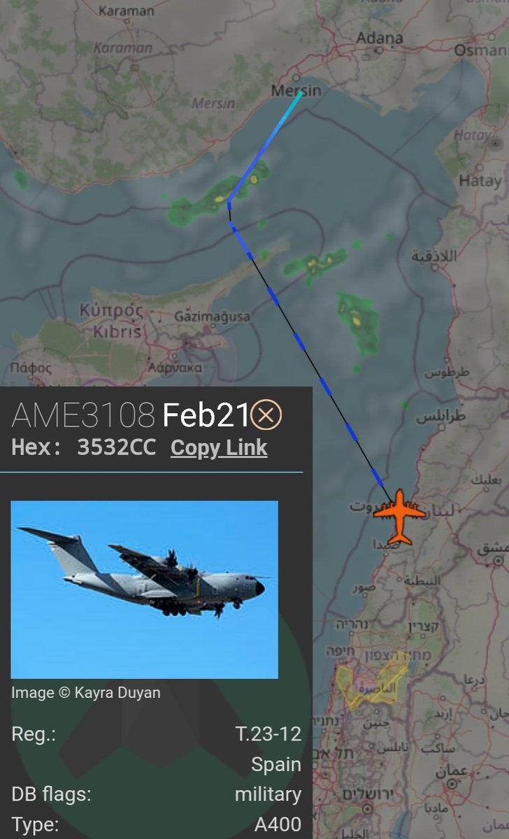 LebanonJets's tweet photo. Military: #Spain AirForce A400M T23-12 hex #3532CC as #AME3108 arrived in #Beirut from #Adana #Incirlik Air Base, next to #Zaragoza https://t.co/WVTafRtYCM