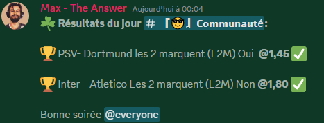 TheAnswer_NBA's tweet photo. Résultats #LDC de hier soir sur le discord ✅ 

Vivement la reprise #NBA ❤️

#TeamParieur #Pronos https://t.co/79d3QZAjRs