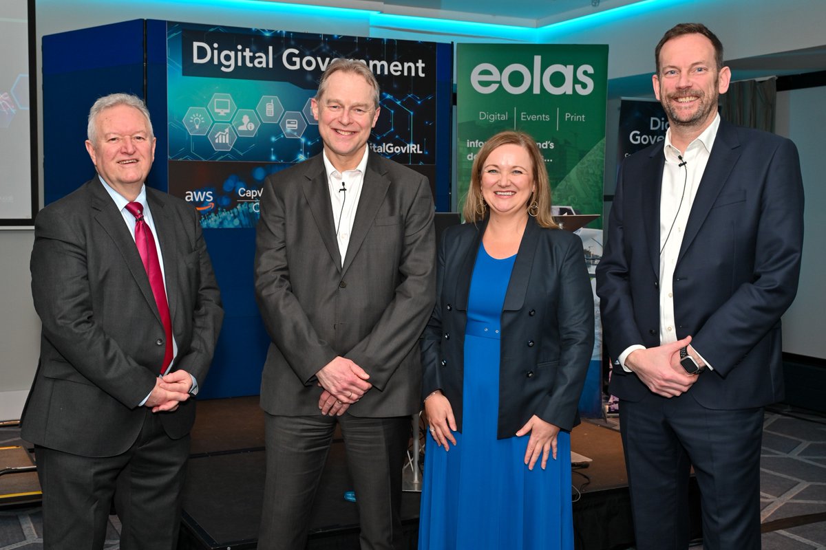 eolasmagazine's tweet photo. We're underway at #DigitalGovIRL here at Croke Park! Our first panel consists of: Bill McLuggage, Laganview Associates; Barry Lowry, Government CIO; Maria McCann, The Project Foundary; David Scanlon, AWS; and Kristian Vengsgaard, KOMBIT, Denmark. https://t.co/SavANV1Alg