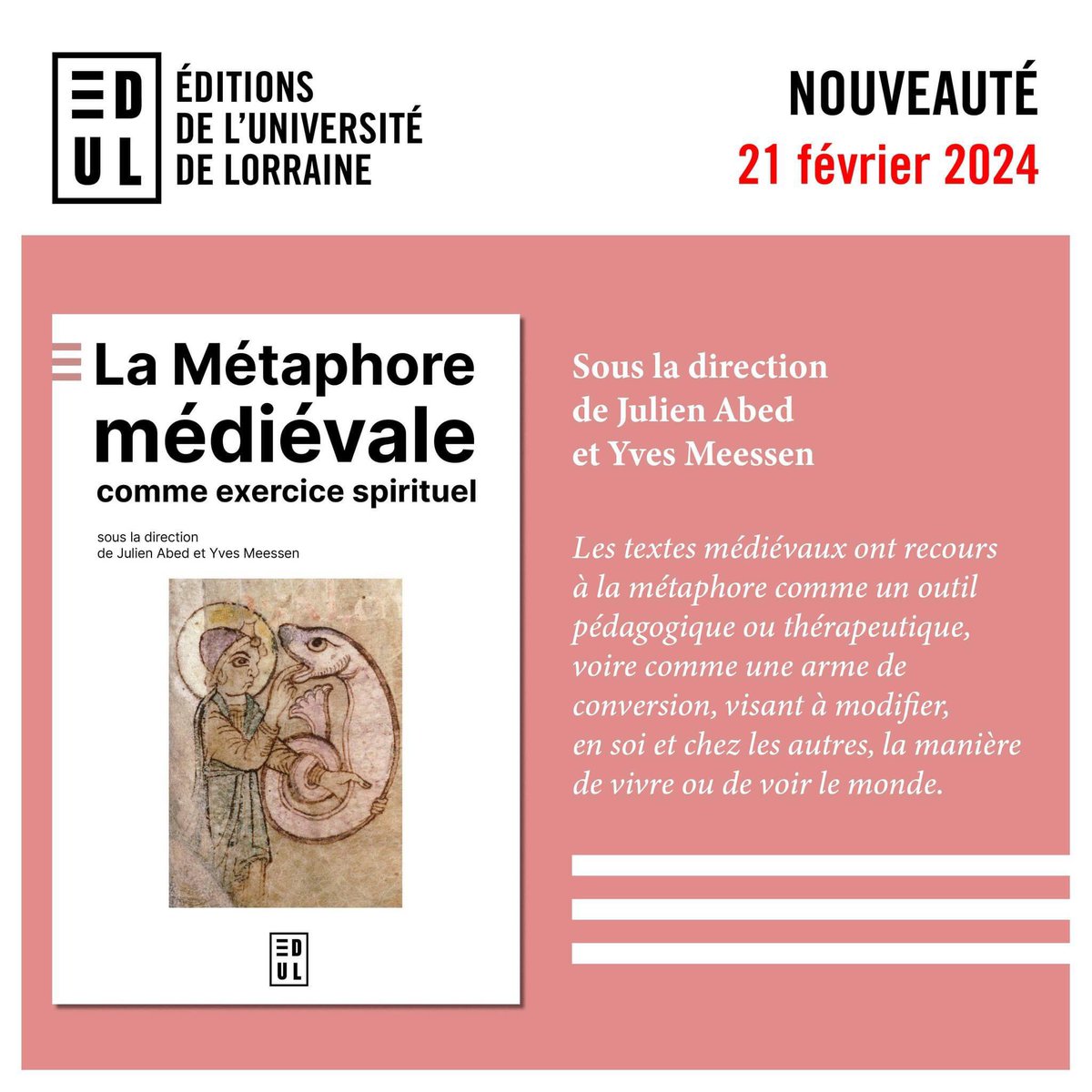 [#PARUTION] 📚📕 ✅ 'La Métaphore médiévale comme exercice spirituel ' ➡️ Sous la direction de Julien Abed et Yves Meessen #essai #nouveauté2024 #littératurédiévale #religion #christianisme #métaphore #culture #partagerlessavoirs @Univ_Lorraine #LaboratoireÉcriture