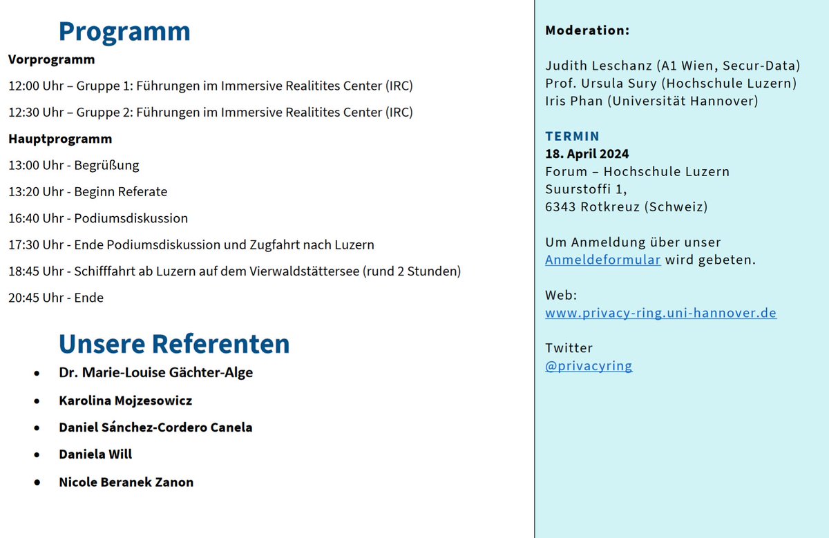 Privacy Ring (@privacyring) on Twitter photo Seid ihr am 18. April 2024 von 12:00 - 17:30 Uhr bei 11. Privacy Ring in Luzern dabei? Das diesjährige Thema: "Datenschutz in Immersive Reality" Zur Anmeldung: privacy-ring.uni-hannover.de/de/anmeldung-p…
<a href="/UrsulaSury/">Ursula Sury</a> <a href="/PhanIris/">Iris Phan</a> <a href="/hslu/">HSLU Hochschule Luzern</a> <a href="/teamdatenschutz/">teamdatenschutz</a>
#PrivacyRing #Datenschutz #PrivacyMatters Seid ihr am 18. April 2024 von 12:00 - 17:30 Uhr bei 11. Privacy Ring in Luzern dabei? Das diesjährige Thema: "Datenschutz in Immersive Reality" Zur Anmeldung: privacy-ring.uni-hannover.de/de/anmeldung-p…
<a href="/UrsulaSury/">Ursula Sury</a> <a href="/PhanIris/">Iris Phan</a> <a href="/hslu/">HSLU Hochschule Luzern</a> <a href="/teamdatenschutz/">teamdatenschutz</a>
#PrivacyRing #Datenschutz #PrivacyMatters