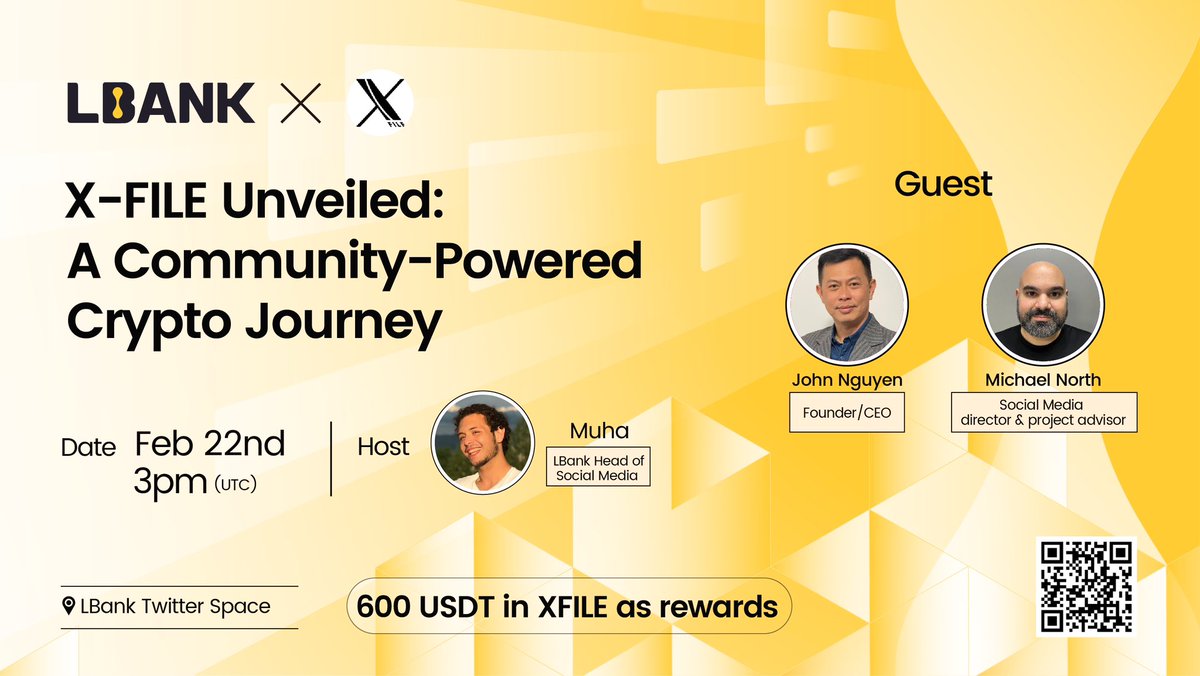 LBank_Exchange's tweet photo. 🎙 Join us for the #XSpace with $XFILE  

🗣 Guests: John Nguyen Founder/CEO at @xfileio & @GXZMNorth Social Media Mod Director for the Intergalactic Social Media, LLC @Galactixzone 

👉🏻 Set your reminder here: https://t.co/Pav4DS1Dcl

🎁$600 in $XFILE for grabs:
1️⃣Follow @LBank_Exchange & @xfileio 
2️⃣Join Telegram: https://t.co/0zIyhnFv1g
3️⃣Fill out: https://t.co/Kts87xCXsY