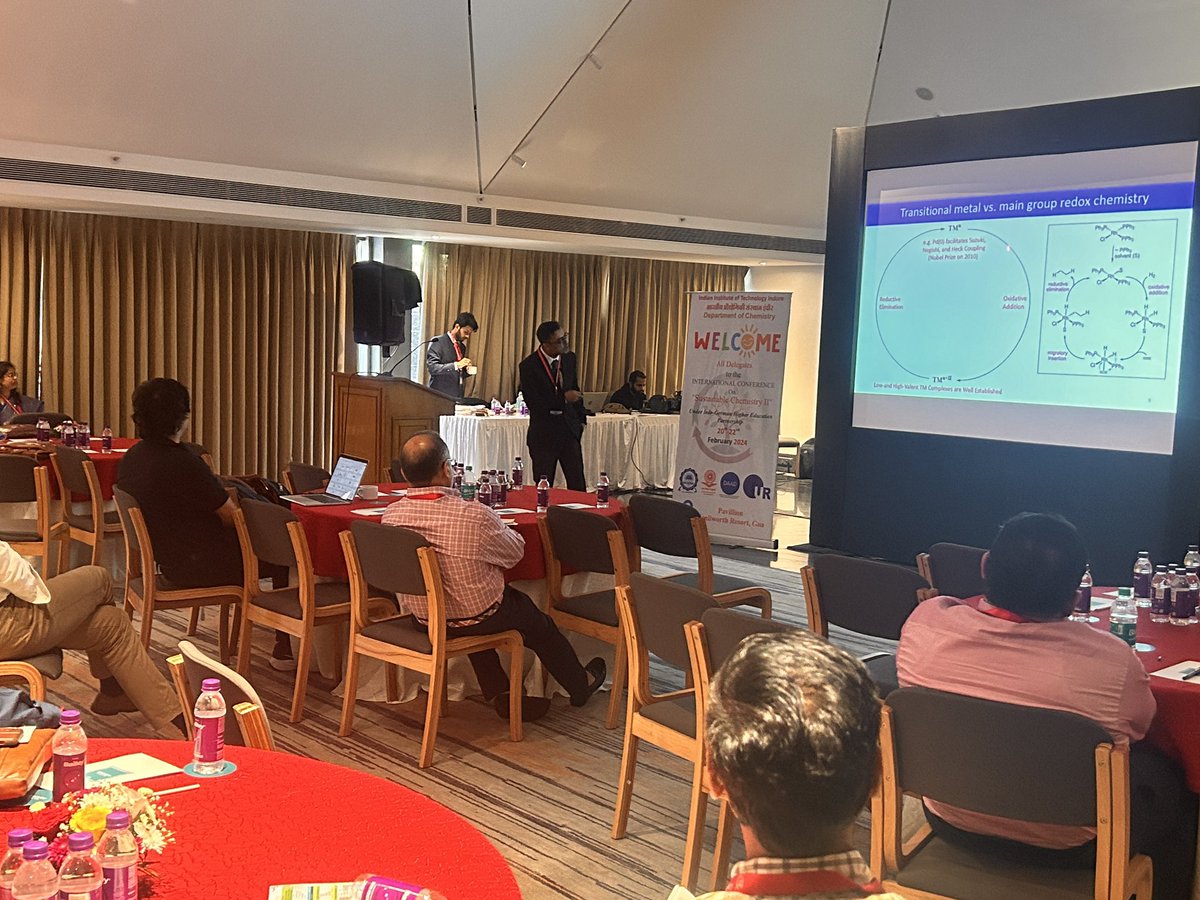 ChemistryIITI's tweet photo. Dr.Sakya S sen from @csir_ncl gave an excellent eye opening lecture on Sustainable Chemistry II 2024 at Kenilworth Resort ,Goa.His lecture topic was “ Mastery of Magnesium in Transition Metal -Free Catalysis”.@DebayanDr @sakya_sen @dipak_666 @IITIndore @ChemistryKoenig https://t.co/jKEvlspdO2