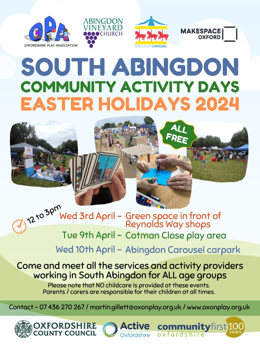 Free community activity days will take place in south #Abingdon during the Easter holidays. You can meet with the service and activity providers working for all age groups. The events have been organised by Oxfordshire Play Association.