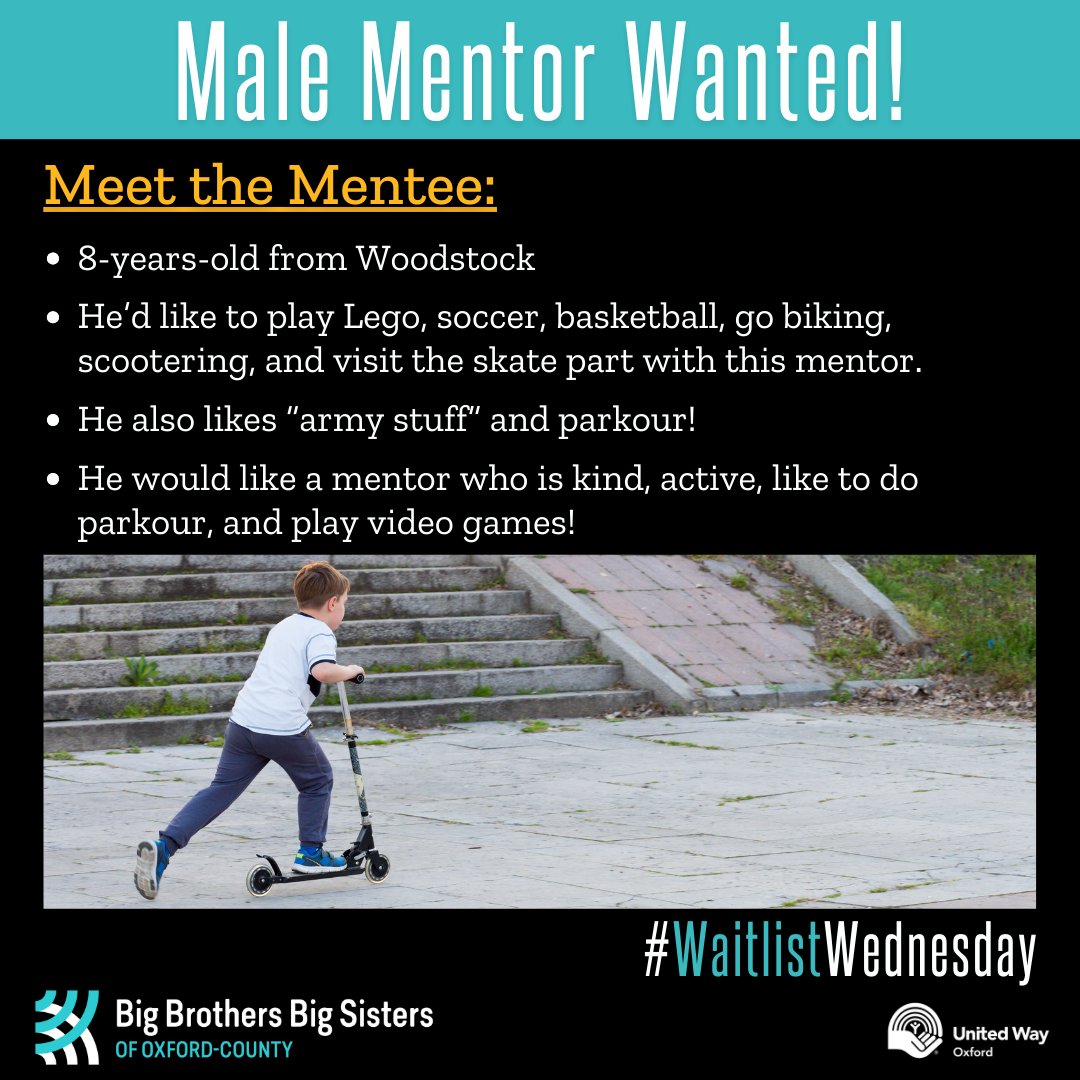 📣 #WaitlistWednesday
We have an 8-year-old boy from #WdskOnt who enjoys biking, scootering, playing soccer, basketball, and with Lego.
This young boy is one of close to 95 young people on our waitlist in Woodstock alone.
To start your application visit oxford.bigbrothersbigsisters.ca/volunteer/