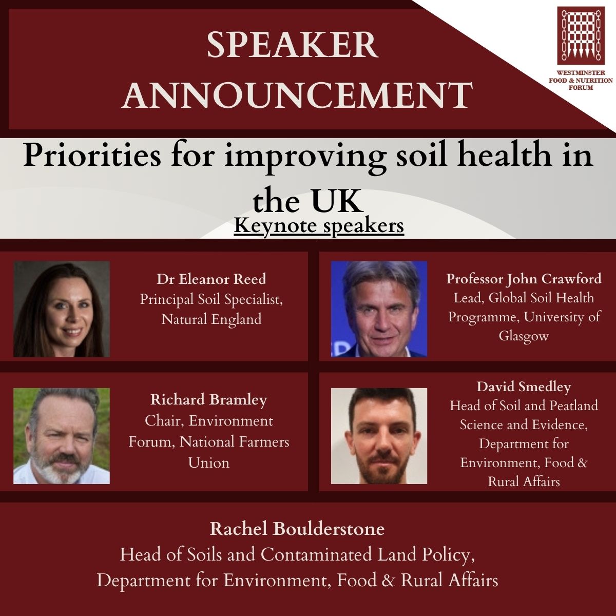 Join Westminster Food & Nutrition Forum on the 12th March to discuss Priorities for improving soil health in the UK! Our keynote speakers include @Dr_EReed @crawfordjohnw @DefraGovUK @DrDavidSmedley @SustEnvFarming More info: westminsterforumprojects.co.uk/conference/Soi… #soilhealthuk #WFNFEVENTS