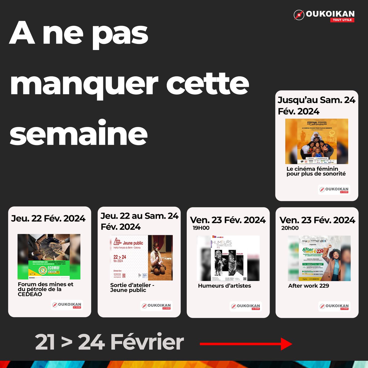 oukoikan's tweet photo. 🧭 Comment occuper son temps cette semaine et se distraire ? Nos recommandations contiennent des activités pour tous les goûts !💫

✅1. Le #fiffcotonou se tient du 20 au 24 février à BlueZone, Canal Olympia, Artistik Africa et Institut Français de Cotonou. https://t.co/UFdDfdUlQE