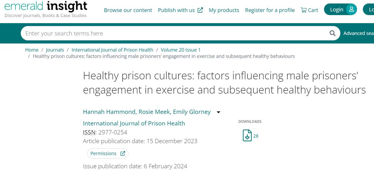 Dr Hannah Hammond, nee Baumer (@hannahsbaumer) on Twitter photo I am very proud to share our recently published article on the use of sport to promote healthy prison cultures in the International Journal of Prison Health, co-written with <a href="/DrRosieMeek/">Prof Rosie Meek</a> and Dr Emily Glorney. Thank you to all the guys engaged in <a href="/cellworkout/">Cell Workout</a> for their insights. I am very proud to share our recently published article on the use of sport to promote healthy prison cultures in the International Journal of Prison Health, co-written with <a href="/DrRosieMeek/">Prof Rosie Meek</a> and Dr Emily Glorney. Thank you to all the guys engaged in <a href="/cellworkout/">Cell Workout</a> for their insights.