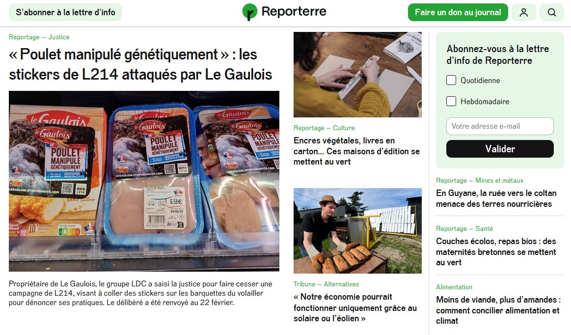 Reporterre's tweet photo. Aujourd'hui sur https://t.co/2H2WXs7LIO :

🐔 « Poulet manipulé génétiquement » : les stickers de L214 attaqués par Le Gaulois @remellianne 

📚Encres végétales, livres en carton... Ces maisons d’édition se mettent au vert 

#Tribune - « Notre économie pourrait fonctionner uniquement grâce au solaire ou l’éolien »