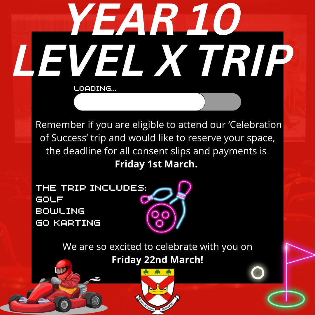 stpatrickscc's tweet image. ❤️❌☘️LEVEL X TRIP☘️❌❤️

We’re so excited for this Year 10 celebration trip! Make sure you’re getting involved as this is not something to be missed! 🏎🔥

#stpatsfam #levelx #celebrationevent