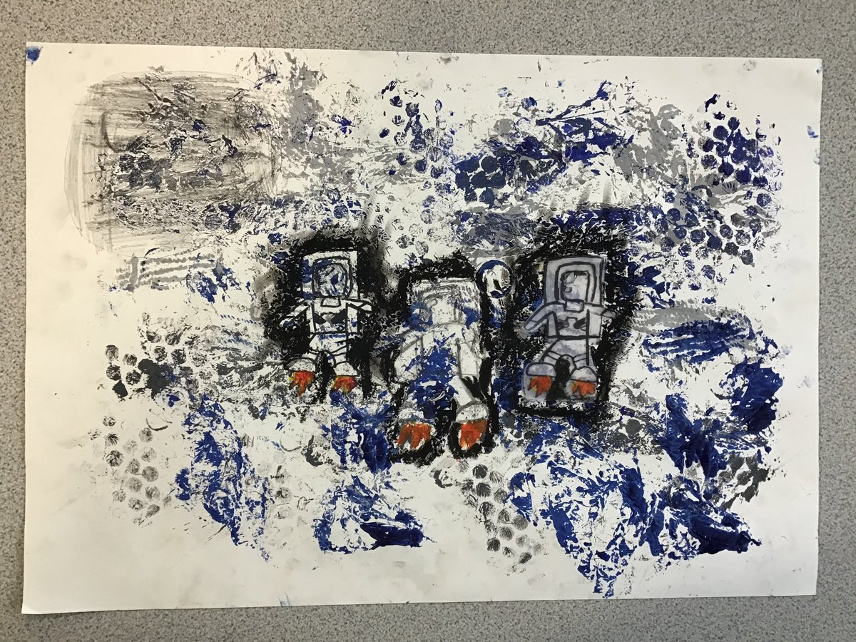 Year 5 have worked hard to develop their <a href="/kapowprimary/">Kapow Primary</a> art, inspired by space and the future.🤖🪐They made collagraph print plates to create a textured background and then designed their own image to go on top. 🛸We think they’re ’out of this world’! 💫👏🏻 #kapowprimary #art
