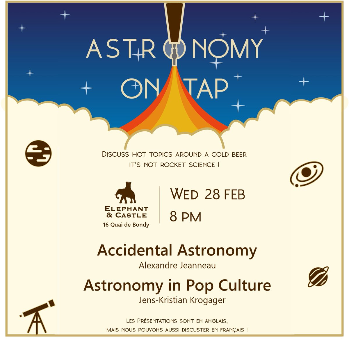 BREAKING NEWS 🍻

After a successful first event, we're excited to announce a new date for Astronomy on Tap Lyon! 🪐

Join us next Wednesday at <a href="/EandCpubLyon/">Elephant and Castle</a> to discuss astronomy through unexpected discoveries and pop culture! 🎬🎵

#aotlyon #AstroOnTap