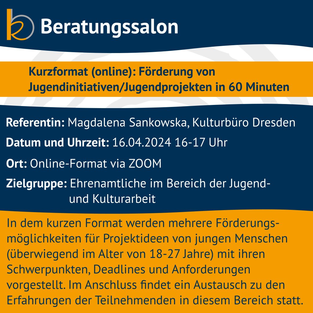 Am 16.04. bieten wir die Weiterbildung 'Förderung von Jugendinitiativen, Jugendprojekten in 60 Minuten' im online Kurzformat an. Anmeldung und alle weiteren Infos: kulturbuero-dresden.de/mitteilung/Kur…