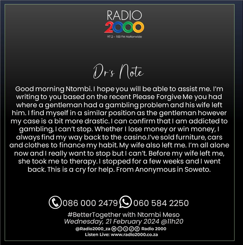Radio2000_ZA's tweet photo. #DrsNote
We are joined by Clinical Psychologist Dr Keitumetse Mashego.
#BetterTogether #Radio2000 https://t.co/70CyEeiY7f