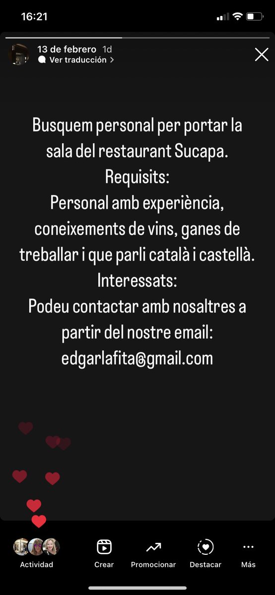 Busquem personal per portar la sala del Restaurant Sucapa.
Requisits:
Personal amb experiència, coneixements de vins, ganes de treballar i que parli català i castellà.
Interessats:
Podeu contactar amb nosaltres a partir del nostre email:
edgarlafita@gmail.com