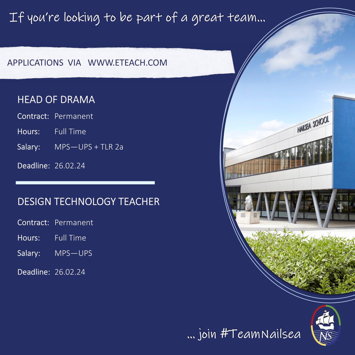 WE ARE RECRUITING!

If you're looking to be part of a great team....join #TeamNailsea !

We're looking for a Head of Drama &amp; a Design Technology Teacher - full details &amp; application can be found on Eteach -  eteach.com/jobs?keywords=…

#EduJobs #BristolJobs #TeacherJobs
