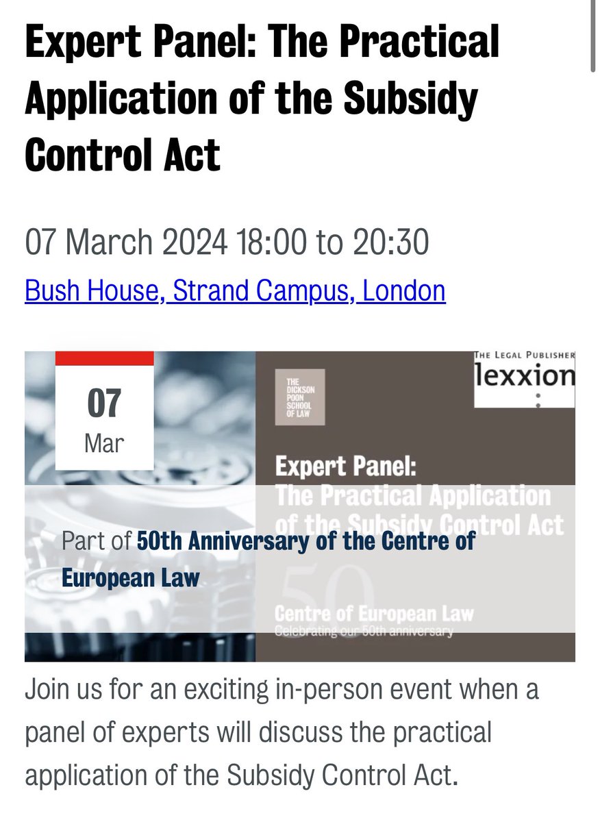 AlexanderPHRose's tweet photo. Free Subsidy Control event involving two panels of leading experts taking stock of the UK’s current state aid regime and identifying ways it may be improved in future.
This event has been organised by Kings College London and Lexxion and takes place on the evening of 7th March. https://t.co/xYcOyU2F2K