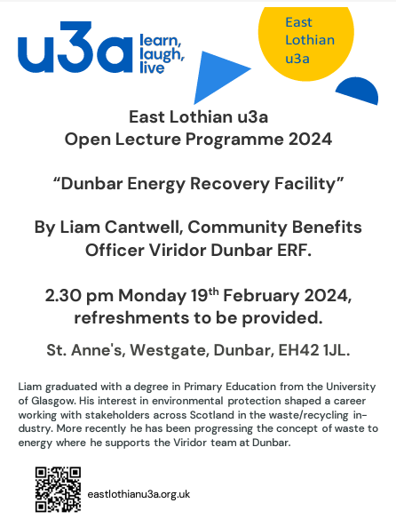 Viridor_CV's tweet photo. On Monday, we had the pleasure of presenting a guest lecture to over 80 members of @u3a_UK . 🎤 👨‍💼

Thanks to everyone contributing to lively discussion after the presentation, it is always a pleasure to engage with our local community! 🗣@DunbarOnline @ViridorUK @EduLothian https://t.co/f6SJSfFS5u