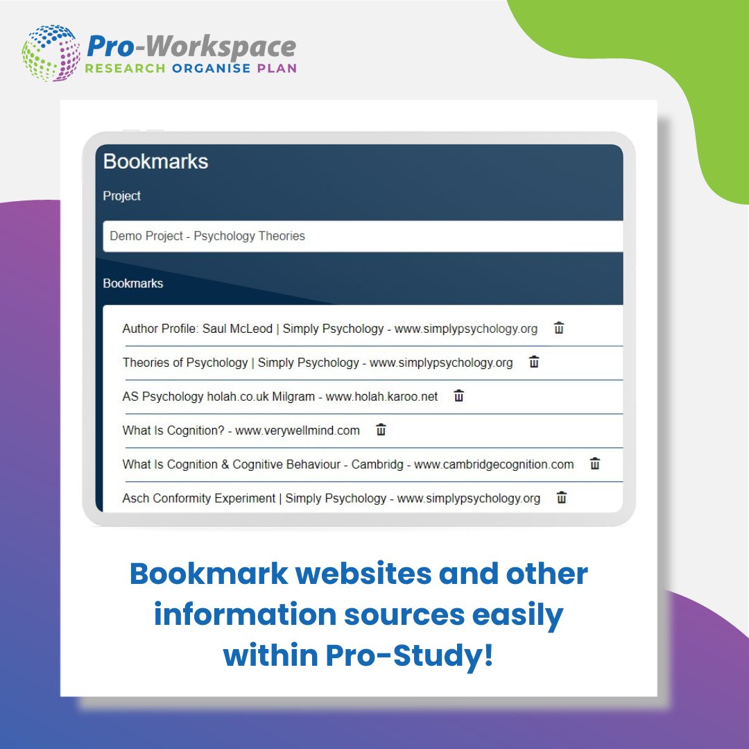 Pro-Study's bookmark feature allows students to save important sources directly into their chosen projects, which they can then easily find again later on. With the Pro-Study extension in place, this feature can be utilised in less than 10 seconds! #DSA #ADHD #UniversityTool