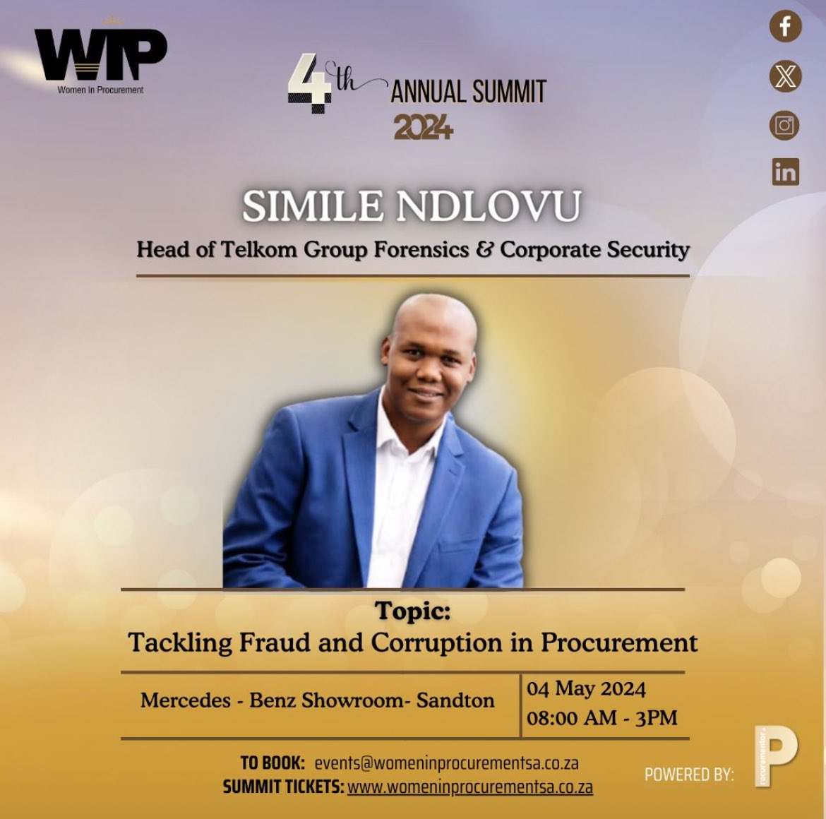 ProcureMentorZA's tweet photo. ๐๏ธ Thrilled to announce Mr. Simile Ndlovu as a distinguished speaker for the upcoming 4th annual WIP Summit 2024!
๐ต๏ธ Forensic Expertise
๐ค Advisory Role
๐ผ Passionate Leader
๐ Social Justice Advocate
Tickets selling out fast! Secure yours at https://t.co/L2aSLIDtI9
#WIPSummit https://t.co/GUTtLqYqUZ