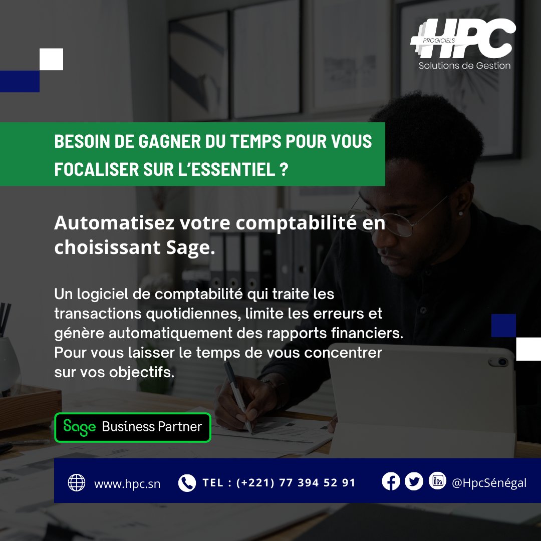 HpcSenegal's tweet photo. Sage 100 Comptabilité offre des outils et fonctionnalités qui contribuent à une gestion comptable efficace, précise et conforme aux exigences réglementaires, permettant ainsi aux entreprises de mieux piloter leur performance financière. https://t.co/MZRGGE4X8x
