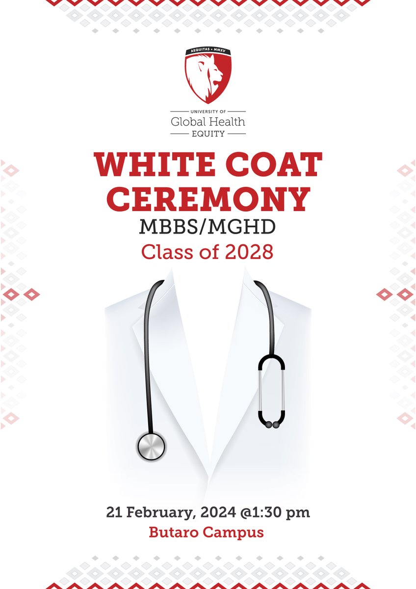 In two hours, 41 #UGHE medical students from Uganda🇺🇬, Tanzania🇹🇿, Rwanda🇷🇼, and Burundi🇧🇮 will pledge to care for their patients with compassion and an equitable approach as they embark on their clinical clerkships. #UGHEWhiteCoat🥼🩺

Join us live ➡️ youtube.com/watch?v=fIDUDr…
