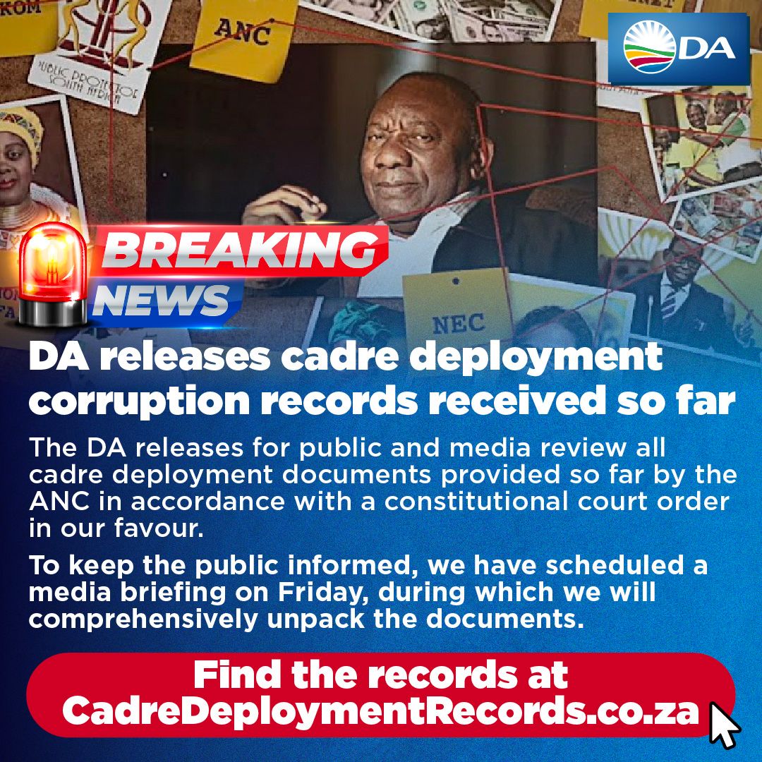 🚨 BREAKING: The DA releases for public and media review all cadre deployment corruption documents provided so far by the ANC in accordance with a constitutional court ruling.

On Friday we will comprehensively unpack the documents. Find the records here: da.org.za/2024/02/da-rel…