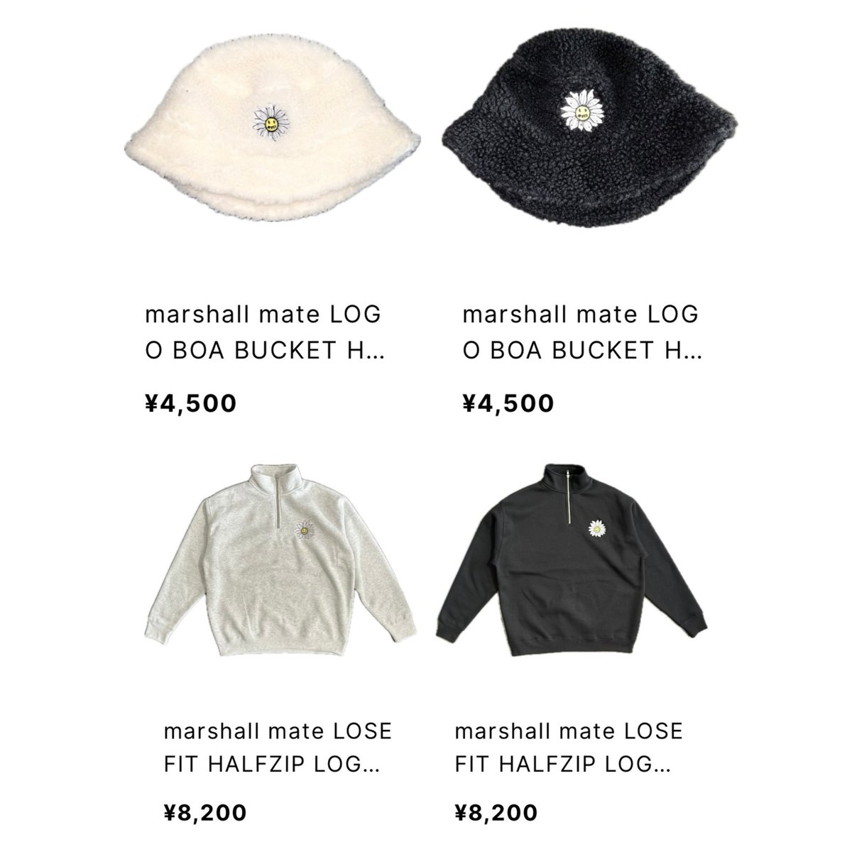 marshallmate_jp's tweet photo. 【2st LINE UP発表】

🌼marshall mate LOSEFIT HALFZIP LOGO SWEAT SHIRT 🌼

・BLACK
・GREY
の2色

🌼 marshall mate LOGO BOA BUCKET HAT 🌼

・BLACK
・WHITE
の2色展開です！
明日2月22日　12:00より販売開始になります。
↓購入リンク↓
https://t.co/MDrf8FZMlU

#marshallmate #アパレル https://t.co/Yg4kOEj0h2