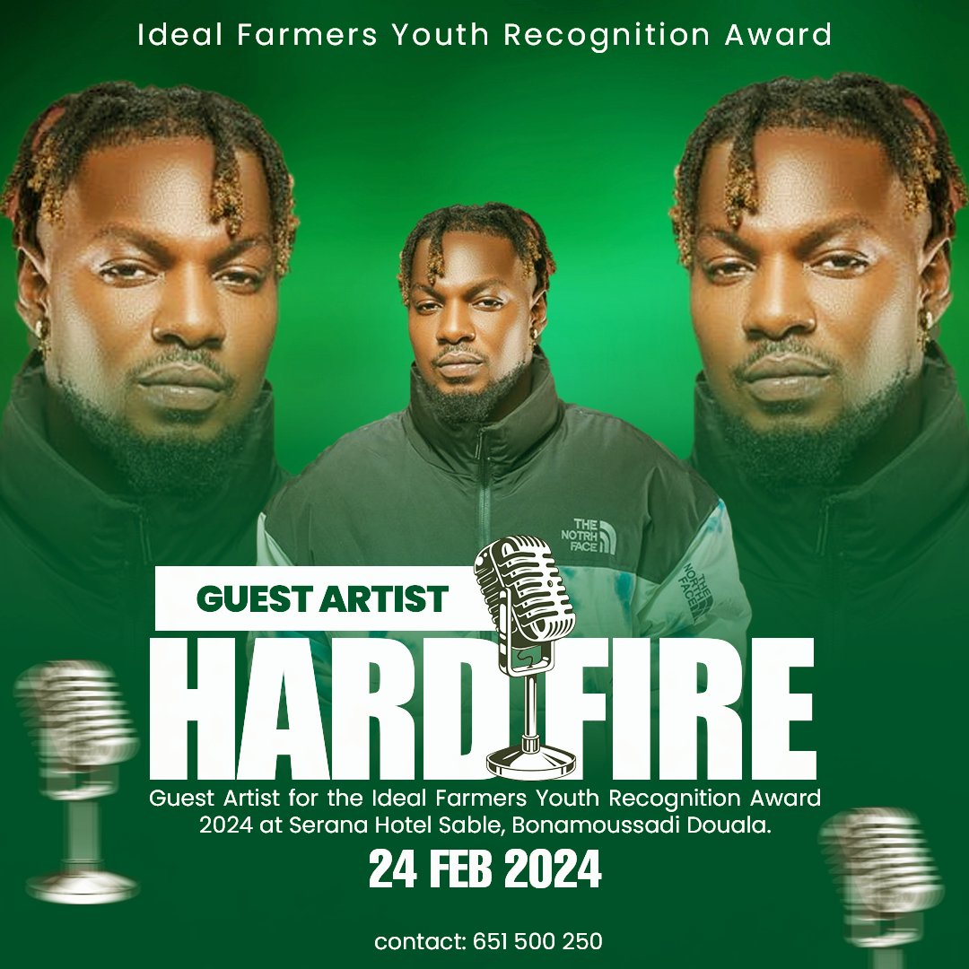 IFYRA24's tweet photo. Guest Artist for the Ideal Farmers Youth Recognition Award 2024:

🎙HARDFIRE🎙

24 FEB 2024
Serena Hotel Sable
Bonamoussadi Douala. 

Get your tickets at:

https://t.co/0apR6EHQpP 

#IFYRA24 #DXFCvsFXFC https://t.co/mHlgiA3R55