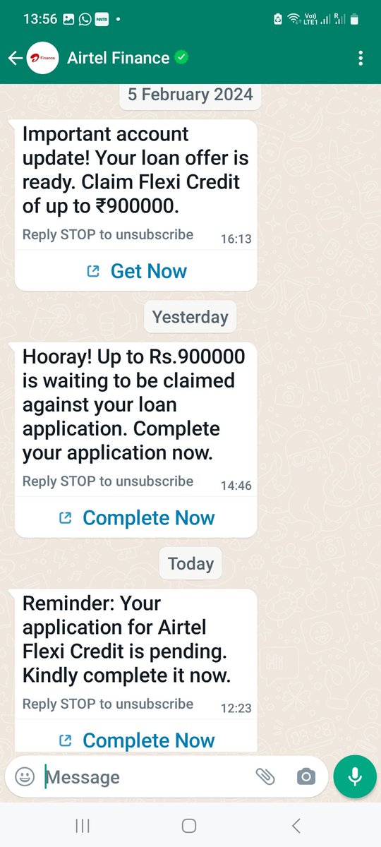 Hi @airtelindia FYI  & immediate action,a WhatsApp window wd d name #Airtelfinance sending direct messages-offering loans is coming to me since September '23. I think this is not credible or true.Kindly confirm the genuineness of this. 
To all @airtelindia number owners attention