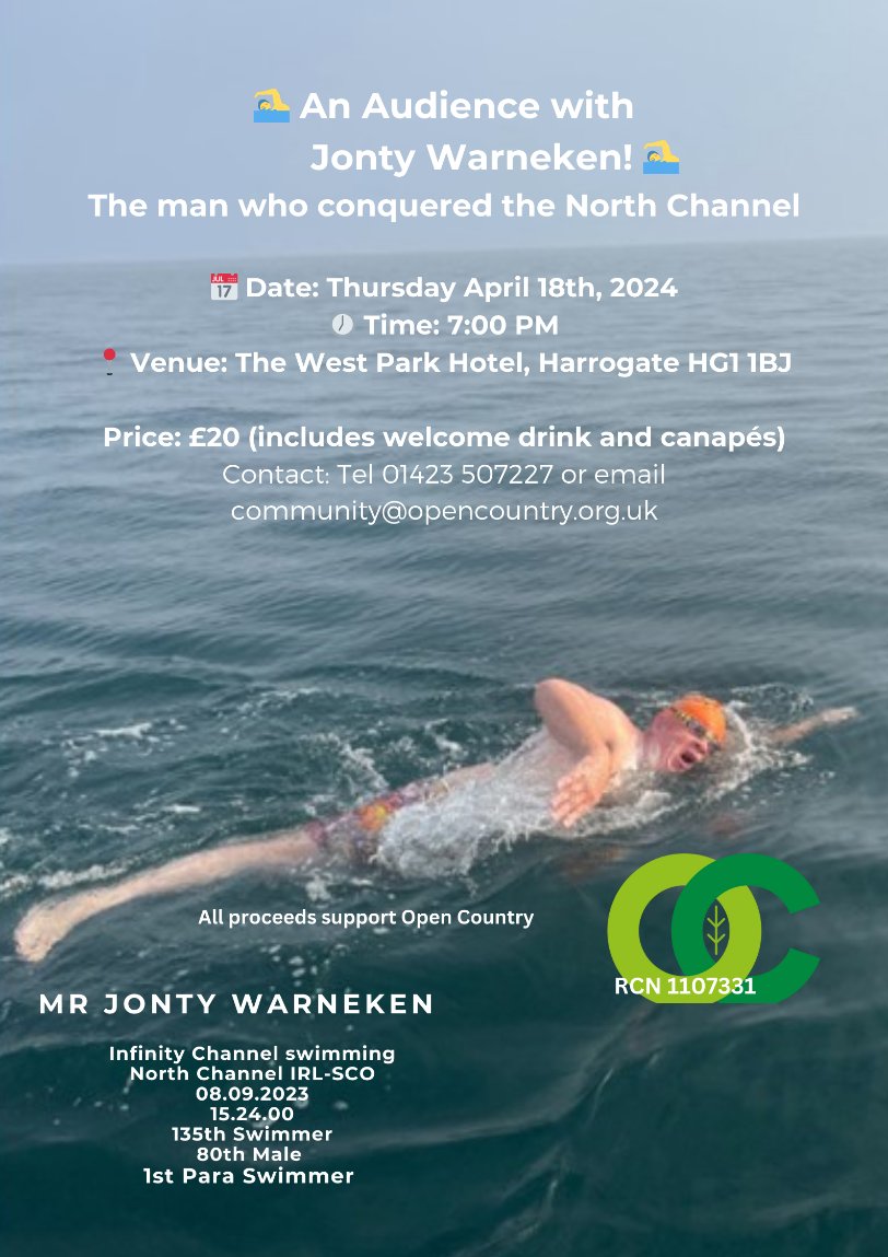 Open Country - #OutThereTogether (@ocyorkshire) on Twitter photo Join us for tales of bravery, jellyfish and icy waters ā an audience with inspiring Para swimmer, <a href="/JontyWarneken/">Jonty Warneken</a> at The West Park Hotel, #Harrogate, April 18.
Tickets £20 T: (01423) 507227 or E: community@opencountry.org.uk
#Yorkshire #OuthereTogether #Disability Join us for tales of bravery, jellyfish and icy waters ā an audience with inspiring Para swimmer, <a href="/JontyWarneken/">Jonty Warneken</a> at The West Park Hotel, #Harrogate, April 18.
Tickets £20 T: (01423) 507227 or E: community@opencountry.org.uk
#Yorkshire #OuthereTogether #Disability