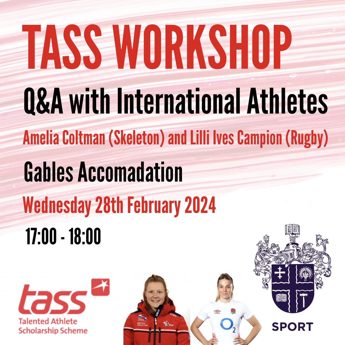 🚨TASS WORKSHOP 🚨

Next Wednesday sees the next <a href="/TalentedAthlete/">TASS</a> workshop of 2024! The workshop will be discussing what it takes to represent your country on the international stage‼️ We will be joined by two former @lborocollege learners <a href="/acoltman/">Amelia Coltman</a> (Skeleton) and <a href="/IvesLilli/">Lilli Ives Campion</a>