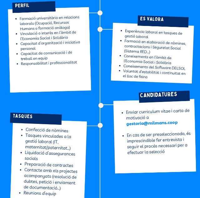 MilMansCoop's tweet photo. Busquem una persona per incorporar-se a l’Àrea LABORAL de Gestoria de la Cooperativa MilMans. 

El lloc de treball és al  nostre despatx ubicat a Valls.

Més informació: https://t.co/g88CMITBLr